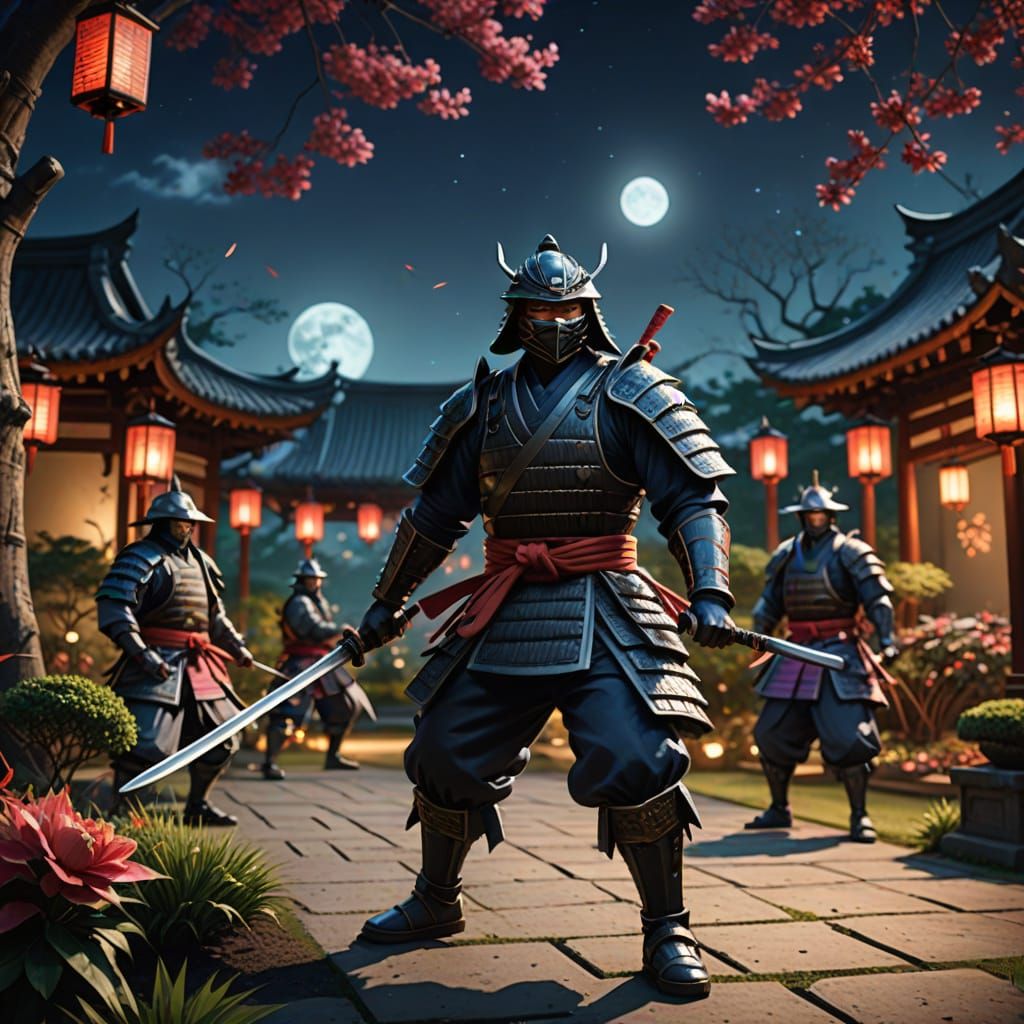 Samurai vs Ninja in Garden Under Moonlight