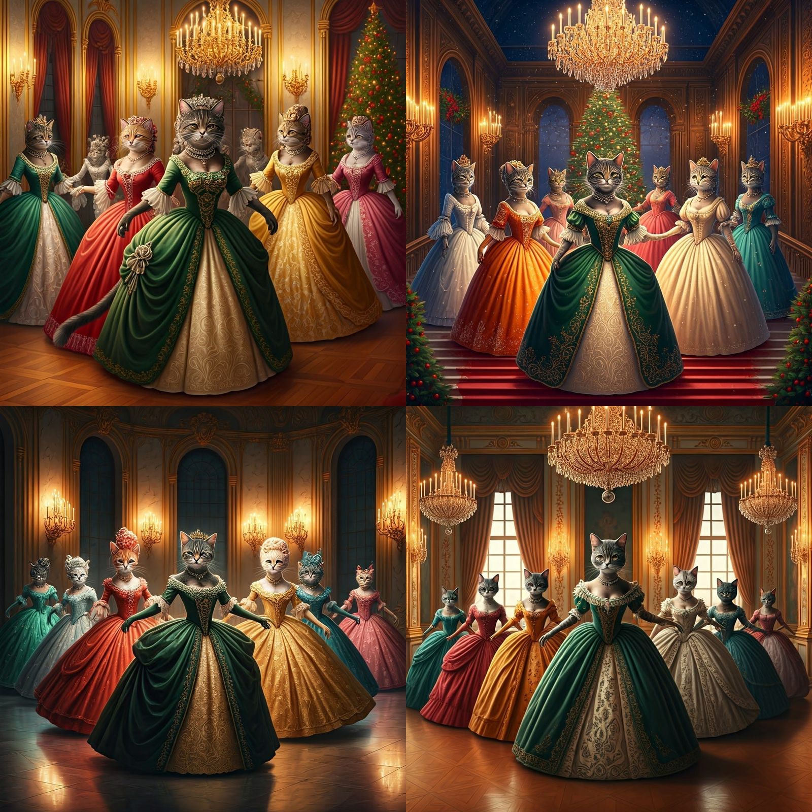 Magnificent Christmas Ballroom with 9 Elegant Feline Felines...