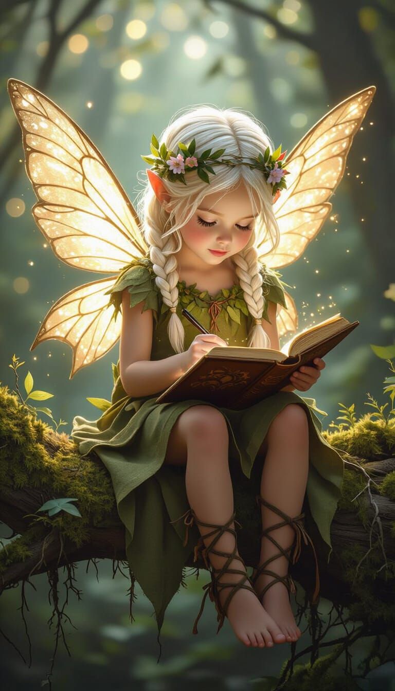 Woodland Fairy Child Writing in Ancient Book