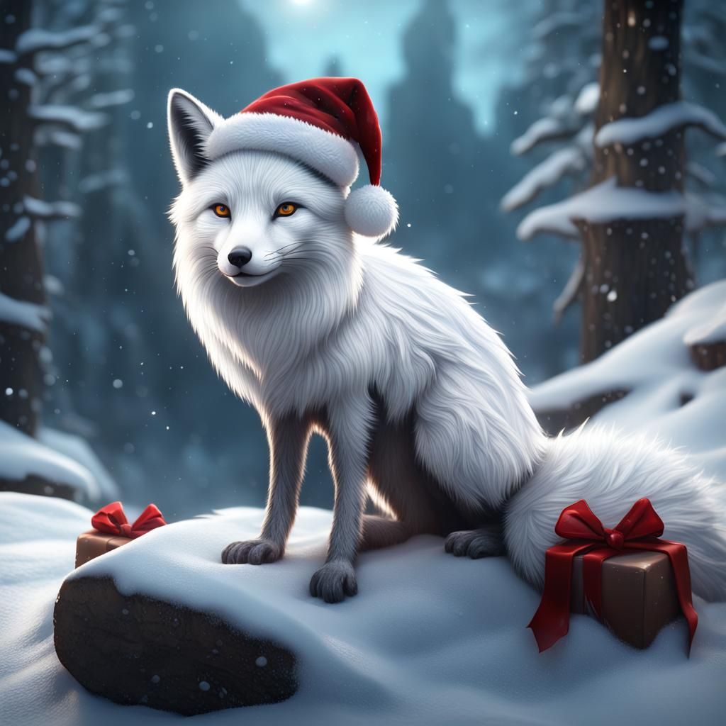 Snow Fox in Santa Hat, Fantasy Concept Art