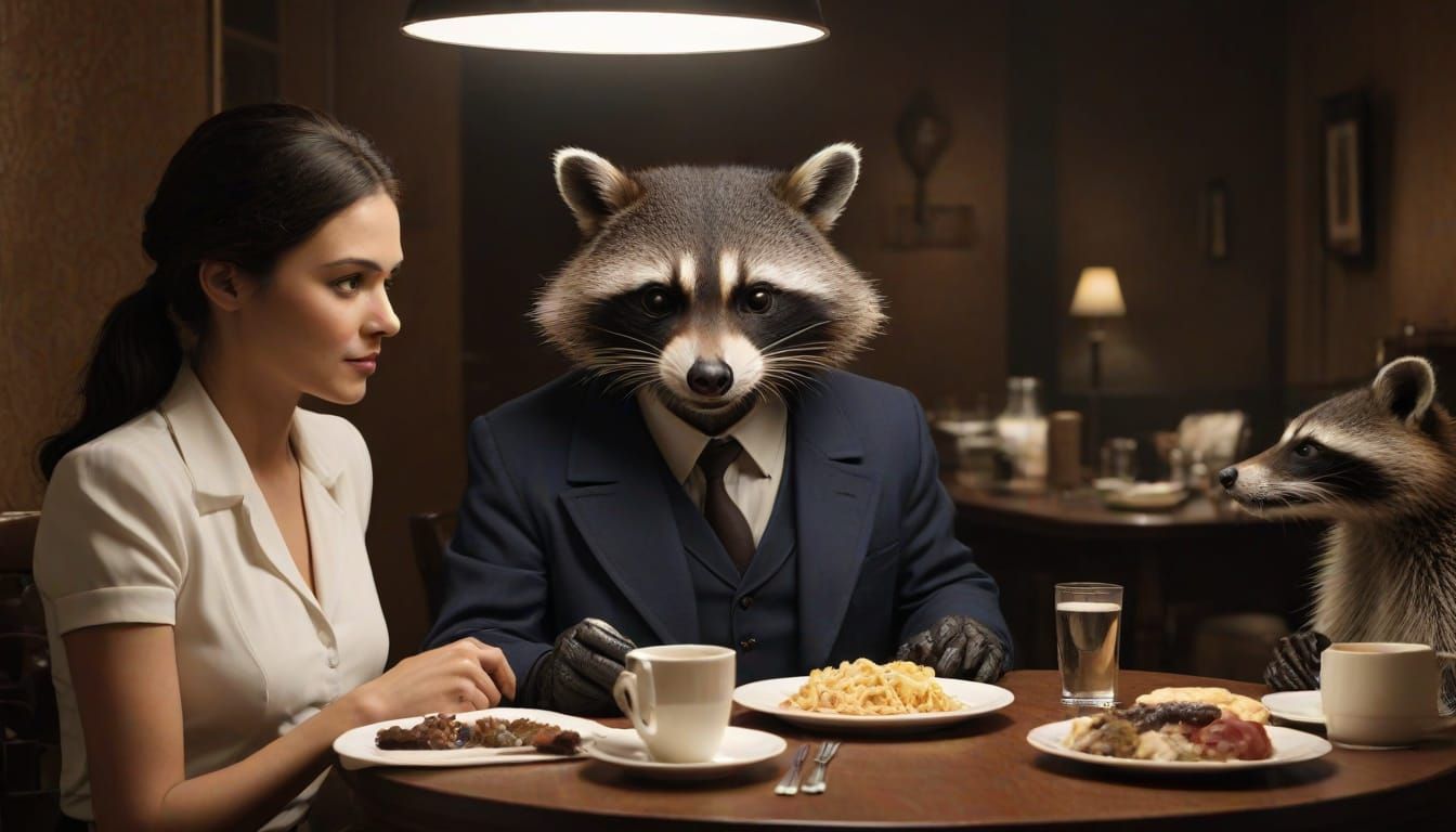 Noir Detective Duo Share a Meal in a Smoky Backroom