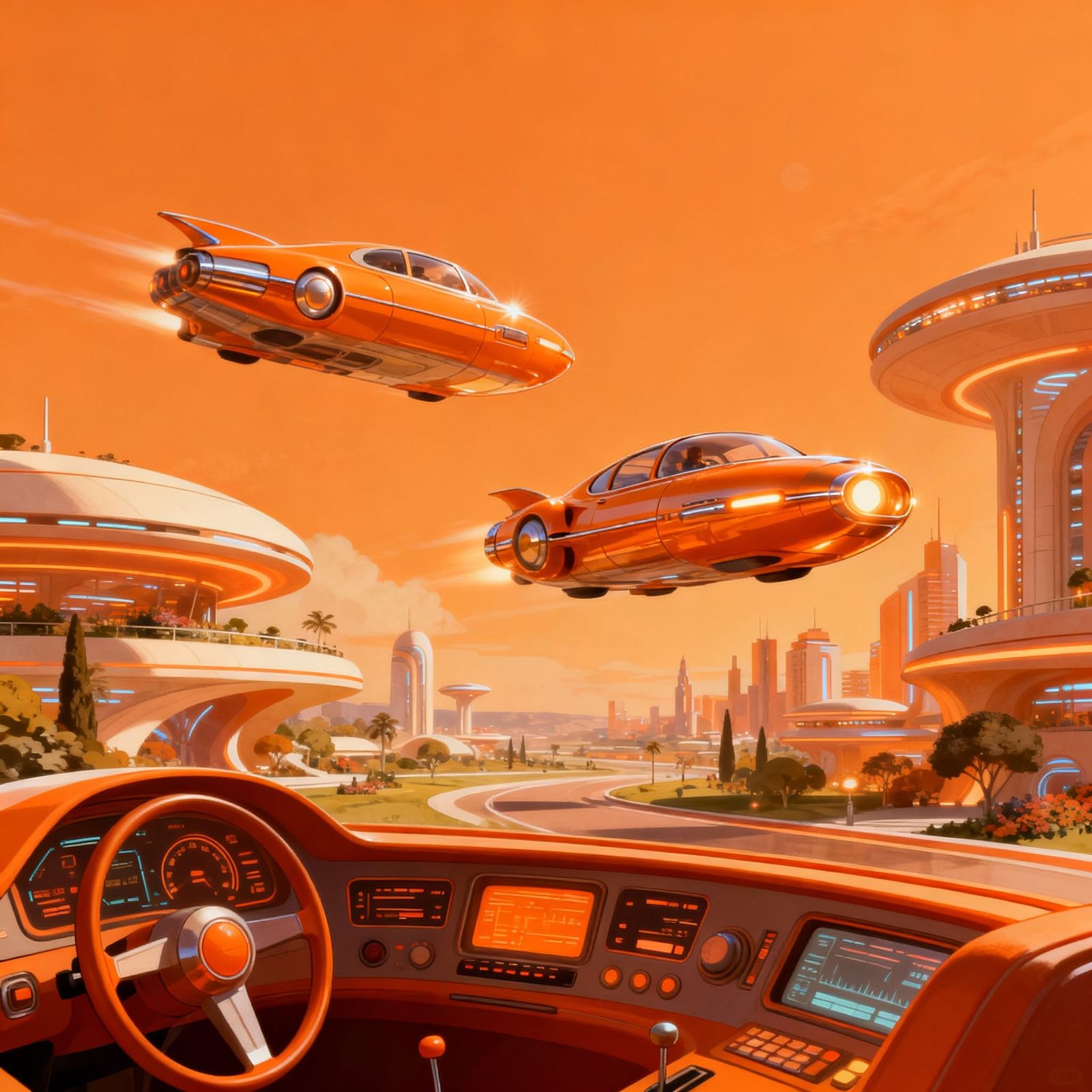 Retro Sci-Fi Cityscape with Orange Hues
