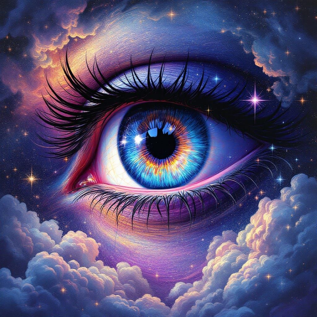 Cosmic Eye in Vibrant, Swirling Holographic Style