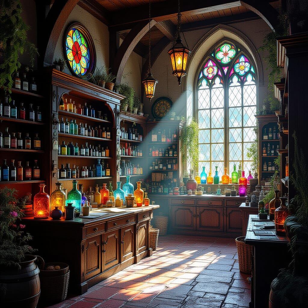 Medieval Apothecary Shop with Stained Glass Windows