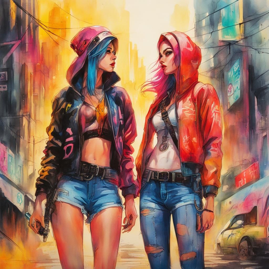 Neon Cyberpunk Graffiti Scene in Watercolor Style