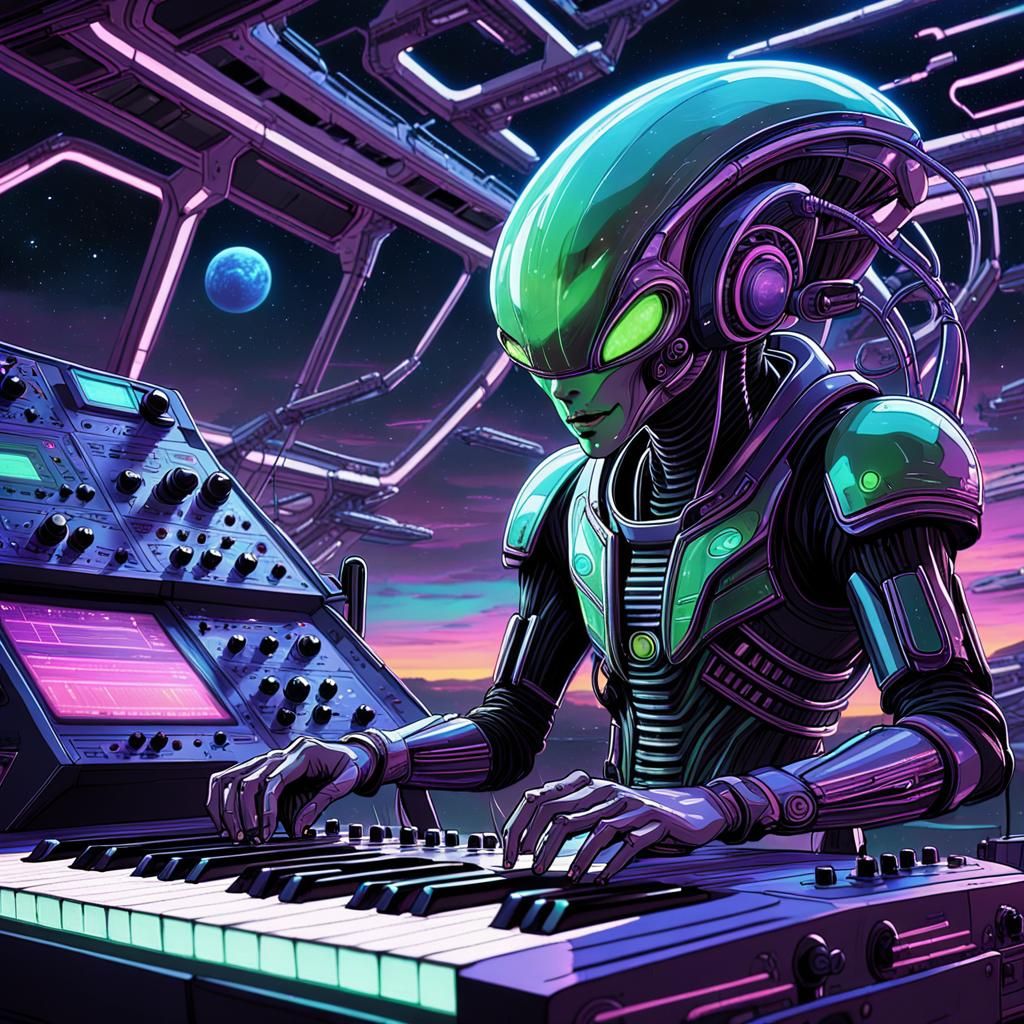 Alien Musician on Spaceship Stage in Anime Style