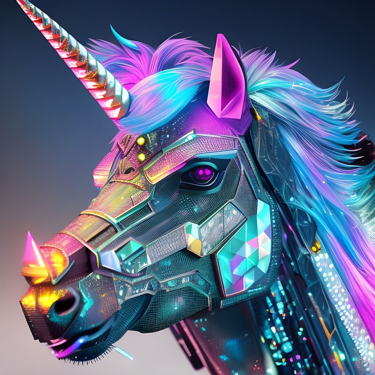 Cyberpunk Unicorn Portrait with Neon Diamond Pattern