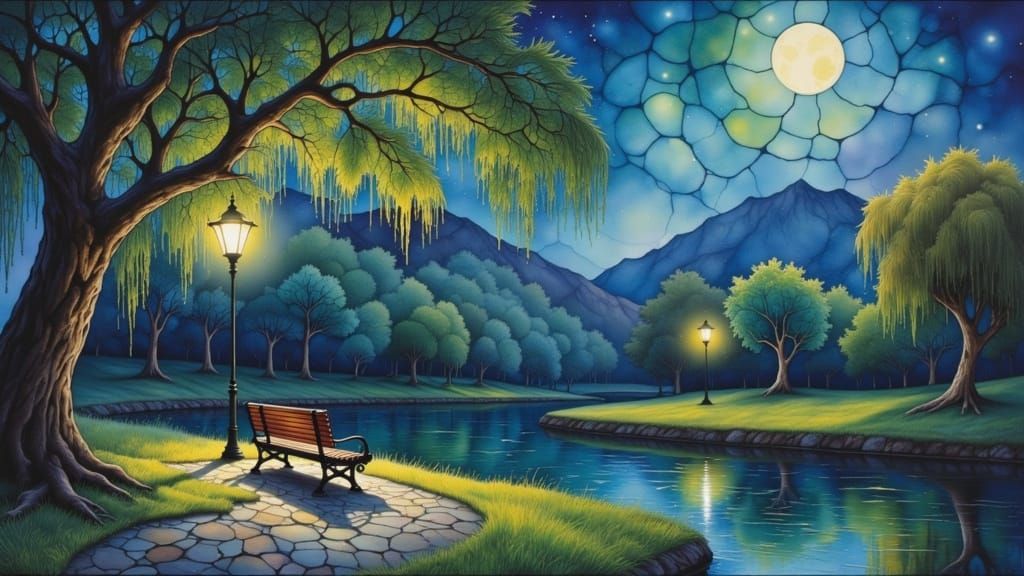 Tranquil Garden Island Under Blue Moon in Impressionist Styl...