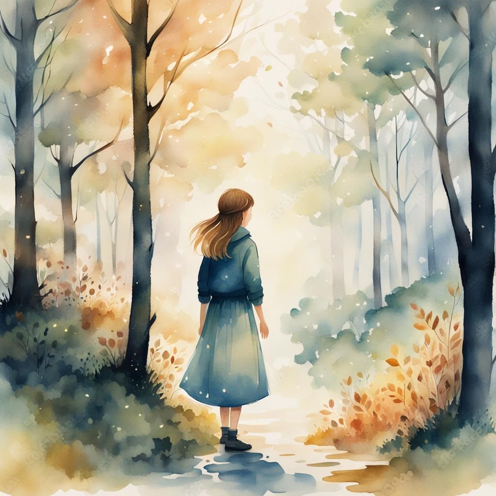Whimsical Watercolor Forest Scene of a Young Girl Hiding