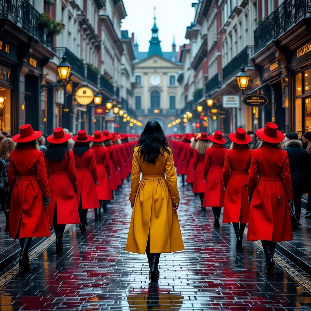 Woman in Yellow Amidst Red Coats in Baroque Style