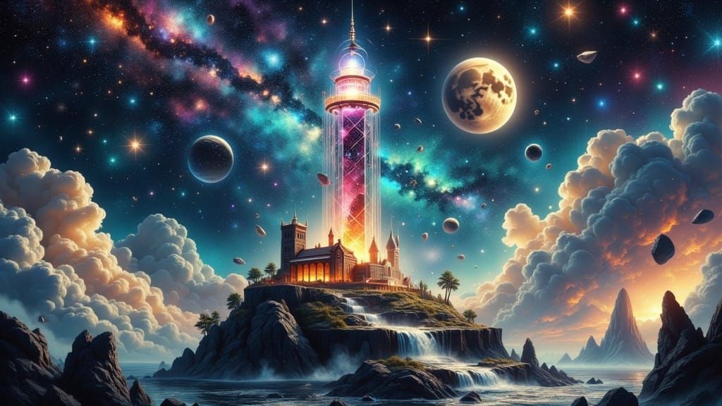 Celestial Steampunk Lighthouse in Cosmic Storm