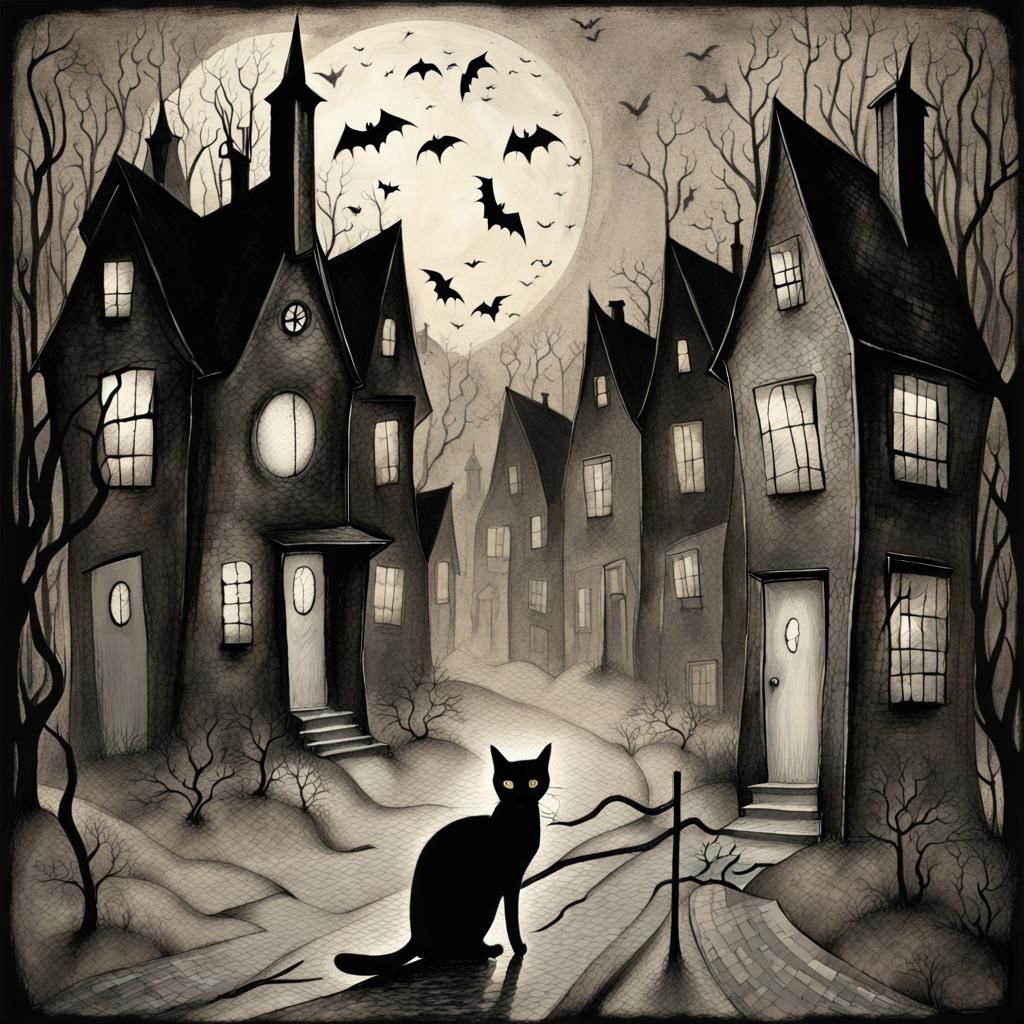 Haunted Village Street with Cat in Art Brut Style