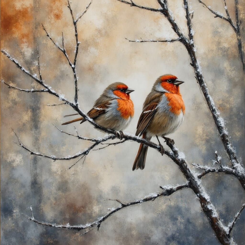 Orange Finch on Misty Winter Branch, Wildlife Photography