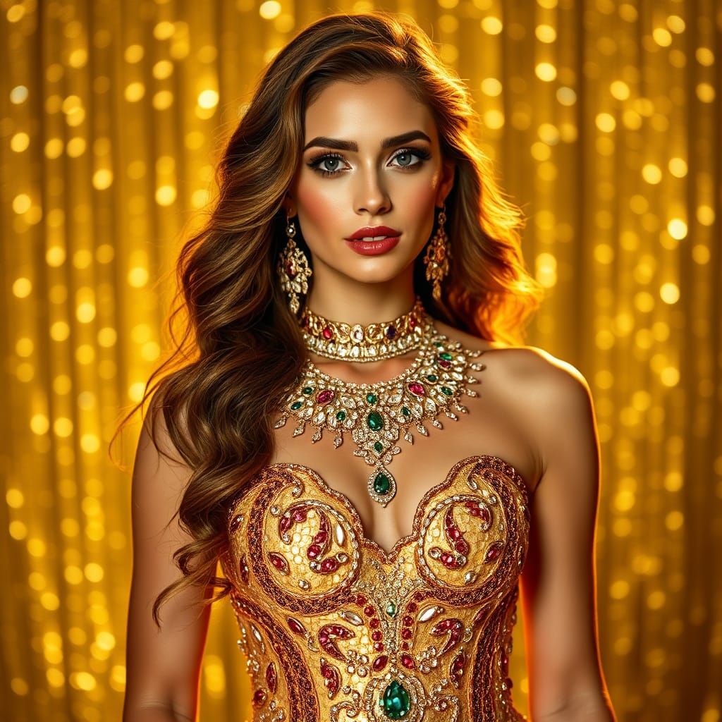 Woman in Sparkling Gemstone Dress, Digital Art