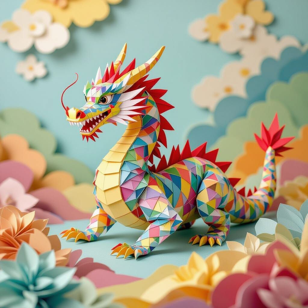 Rainbow Origami Dragon in Escher-Miyazaki Style