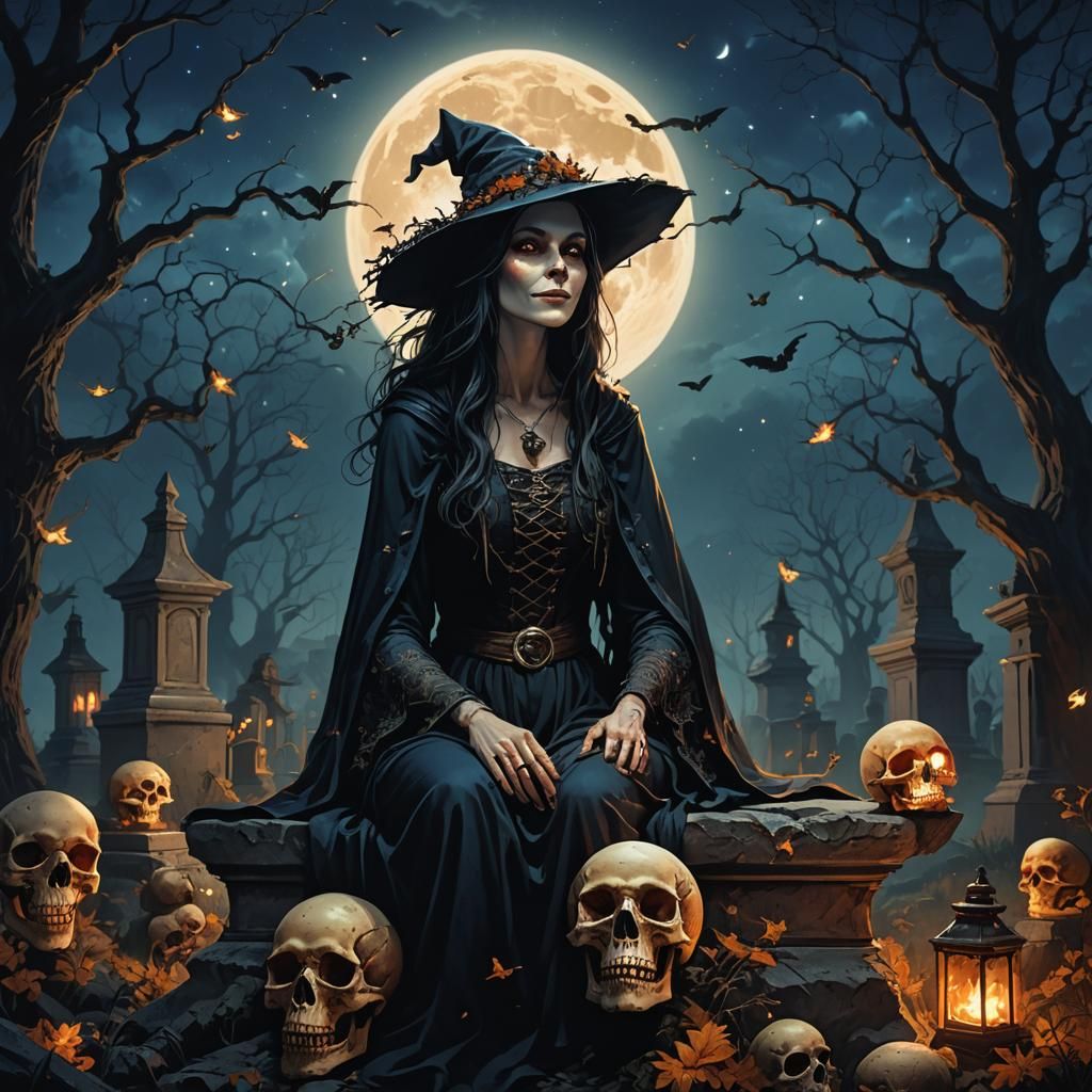 Witch Grinning with Skull: Dark Fantasy Matte Painting
