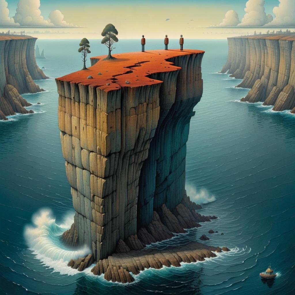 Surreal Miniature Figures on Vast Ocean Cliff