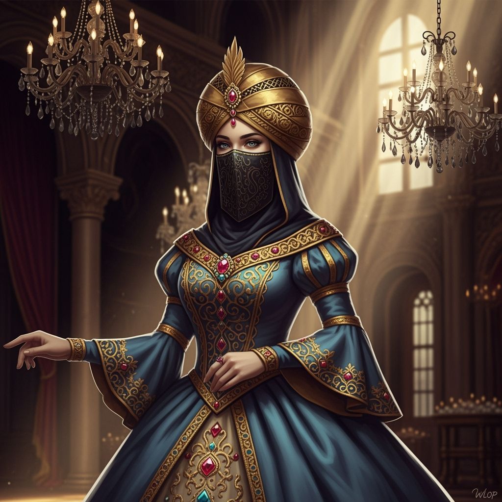 Majestic Princess in Jewel Gown, Golden Turban and Niqab