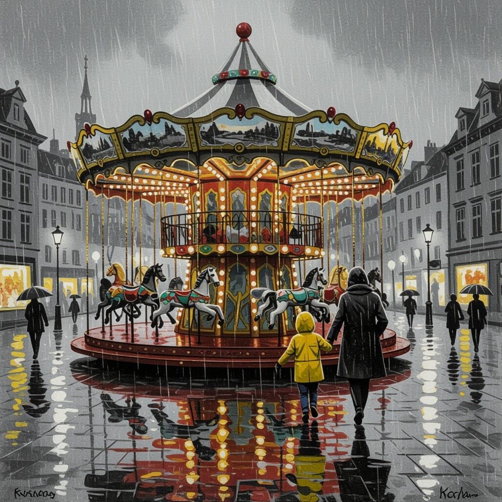 Vibrant Carousel in Rainy City Square