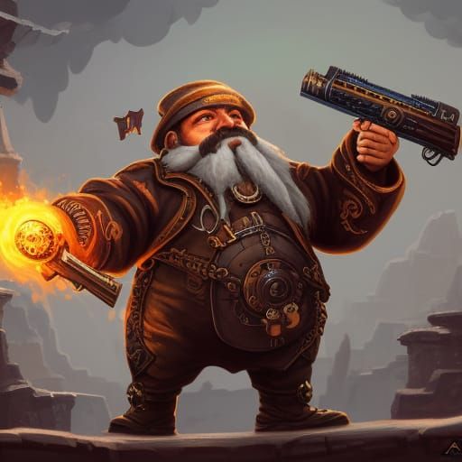 Steampunk Dwarf Inventor with Gun, Detailed Matte Painting