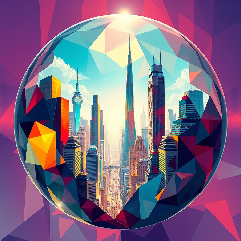 Futuristic City in Glass Sphere: Neo-Cubist Art