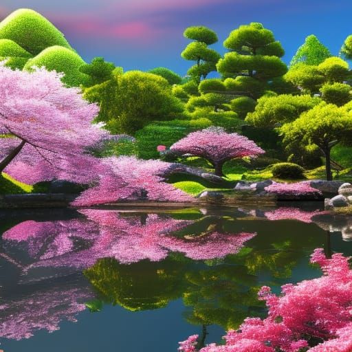 Cherry Blossoms and Dragonflies in Japanese Garden