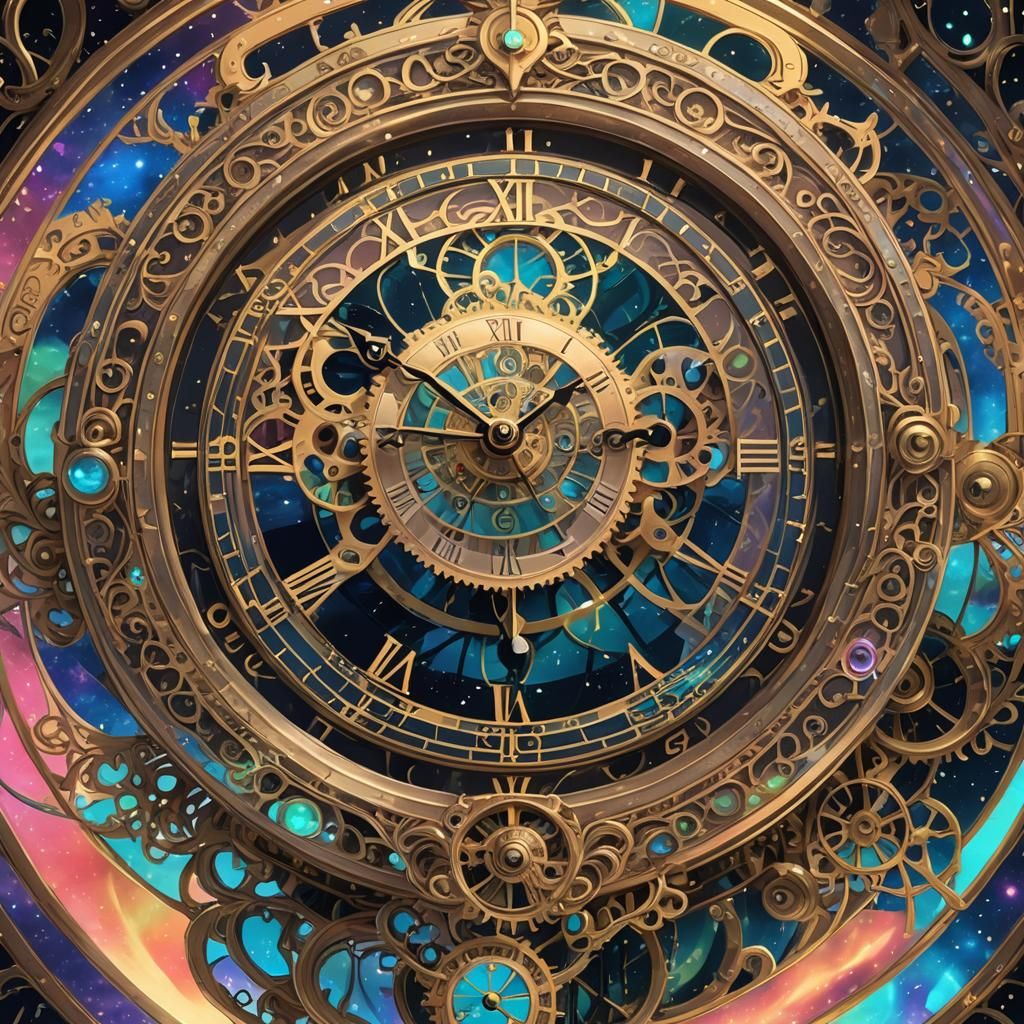 Anime Aurora Borealis and Floating Clock