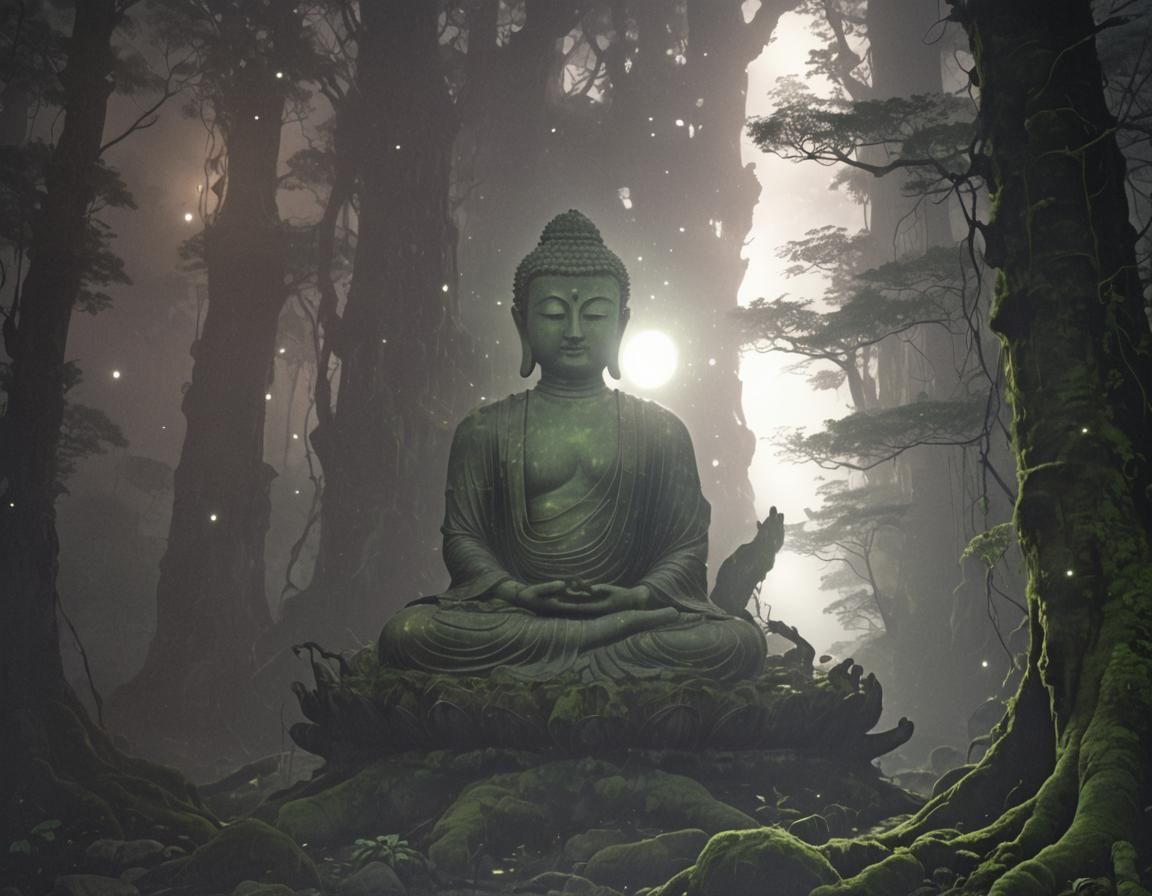 Luminous Green Buddha in Dark Forest, Ethereal Oil Painting