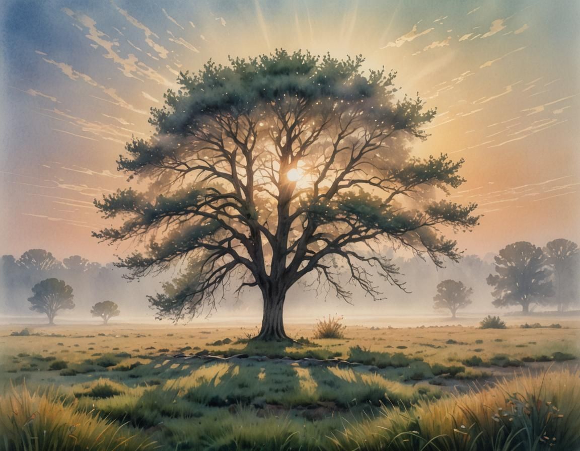 Dreamy Landscape Painting: Misty Meadow at Dawn