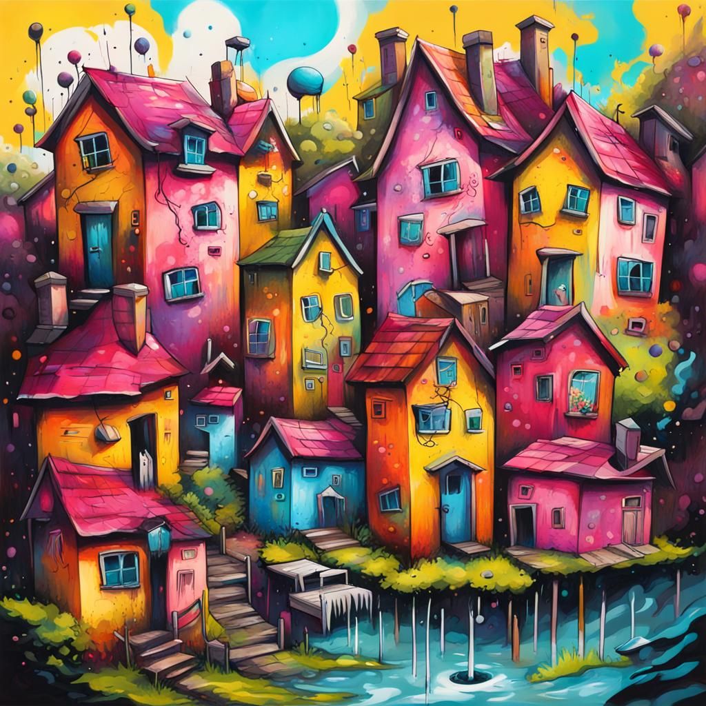Colorful Graffiti Art of Whimsical Village Scene
