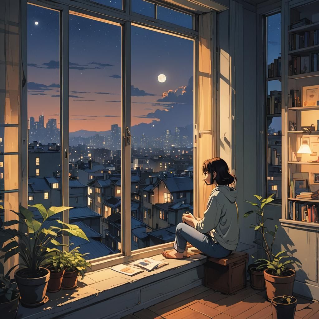 Anime Girl Enjoying Night View Illustration