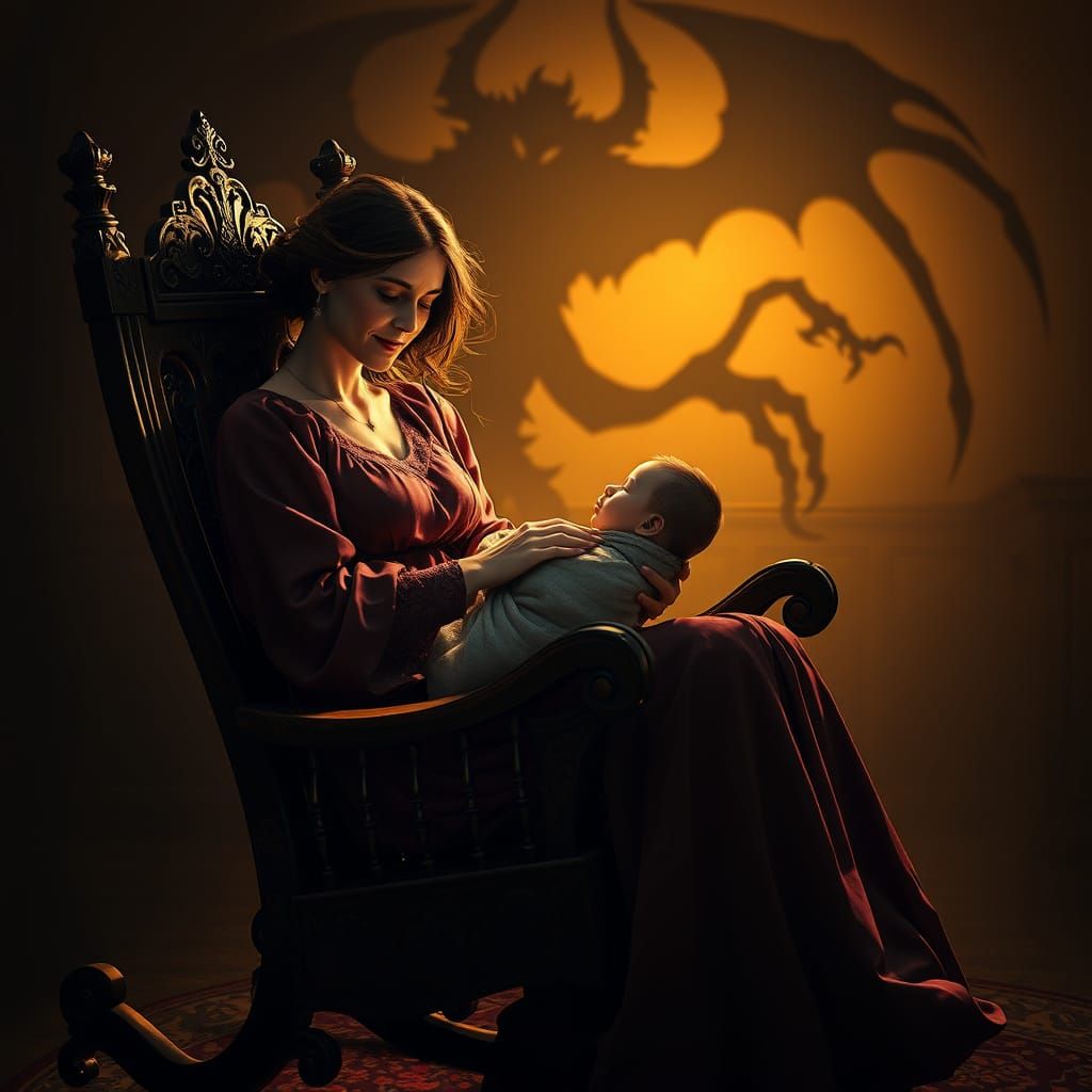 Mother and Baby Amidst Dark Fantasy Shadows