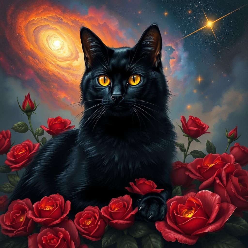 Majestic Black Cat with Roses and Cosmic Sky