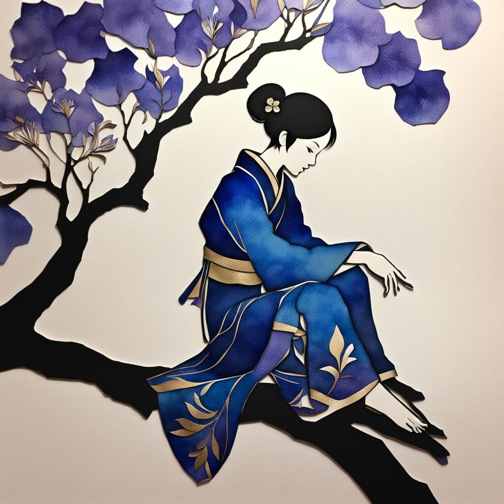 Japanese Girl on Iris Tree Branch: Paper Cut Art