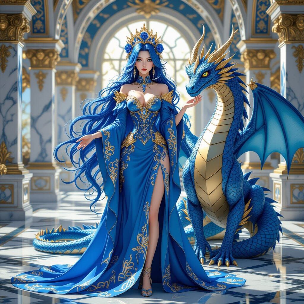 Blue Dragon & Gothic Woman in Marble Hall - 3D Anime Art