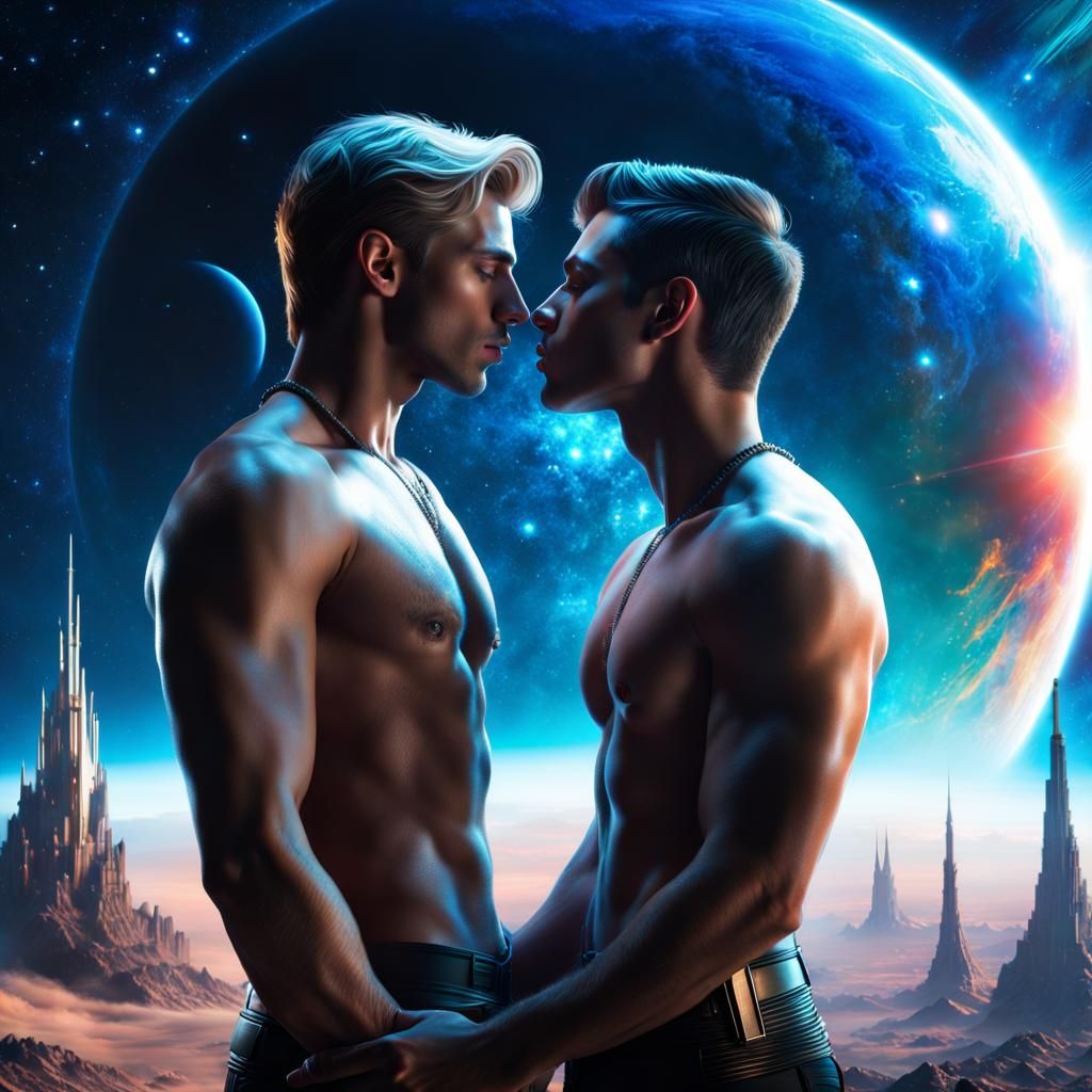 Gay Couple Kissing in Sci-Fi Space: Digital Matte Painting