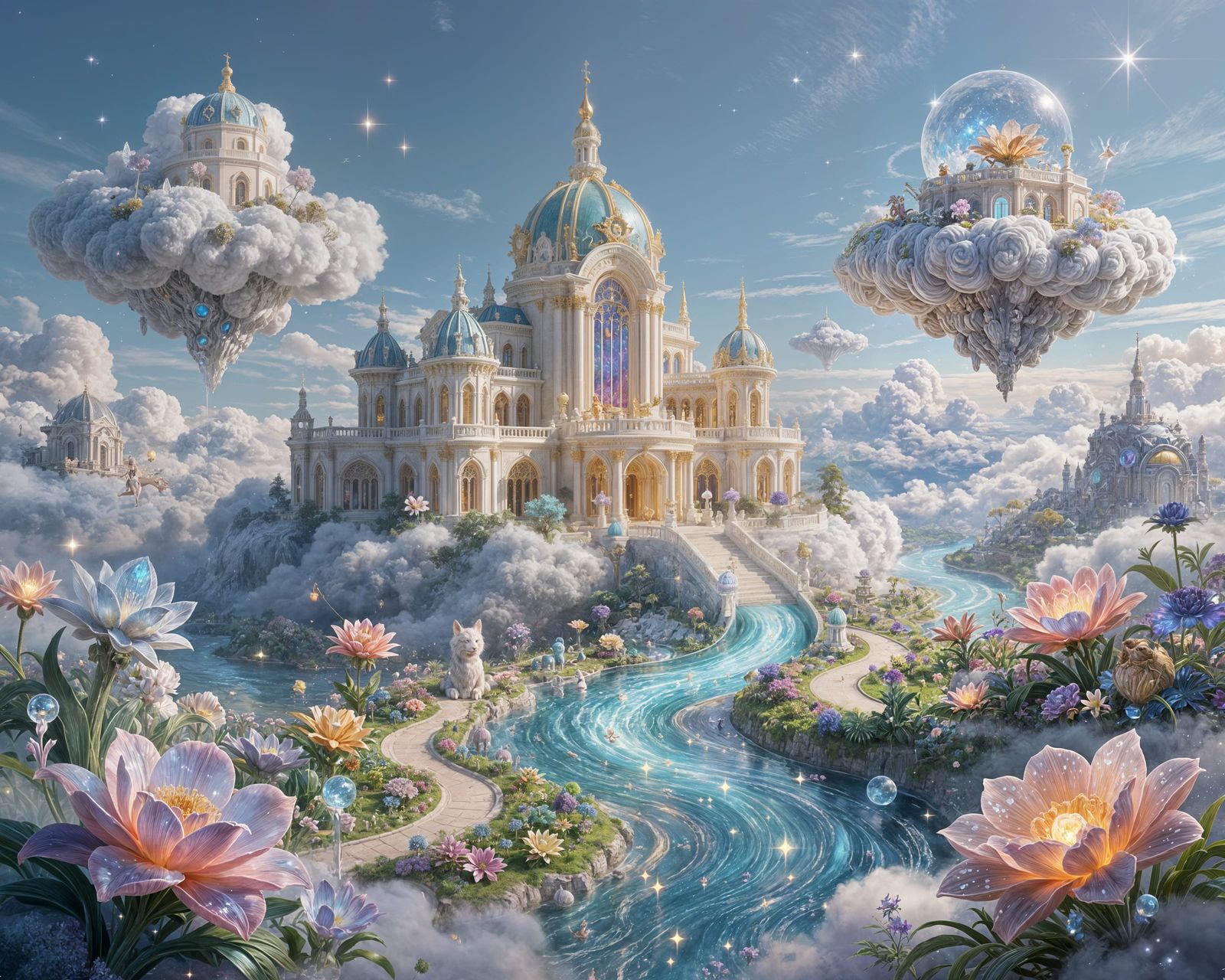 Surreal Dreamscape of Floating Mansions and Starlight Rivers