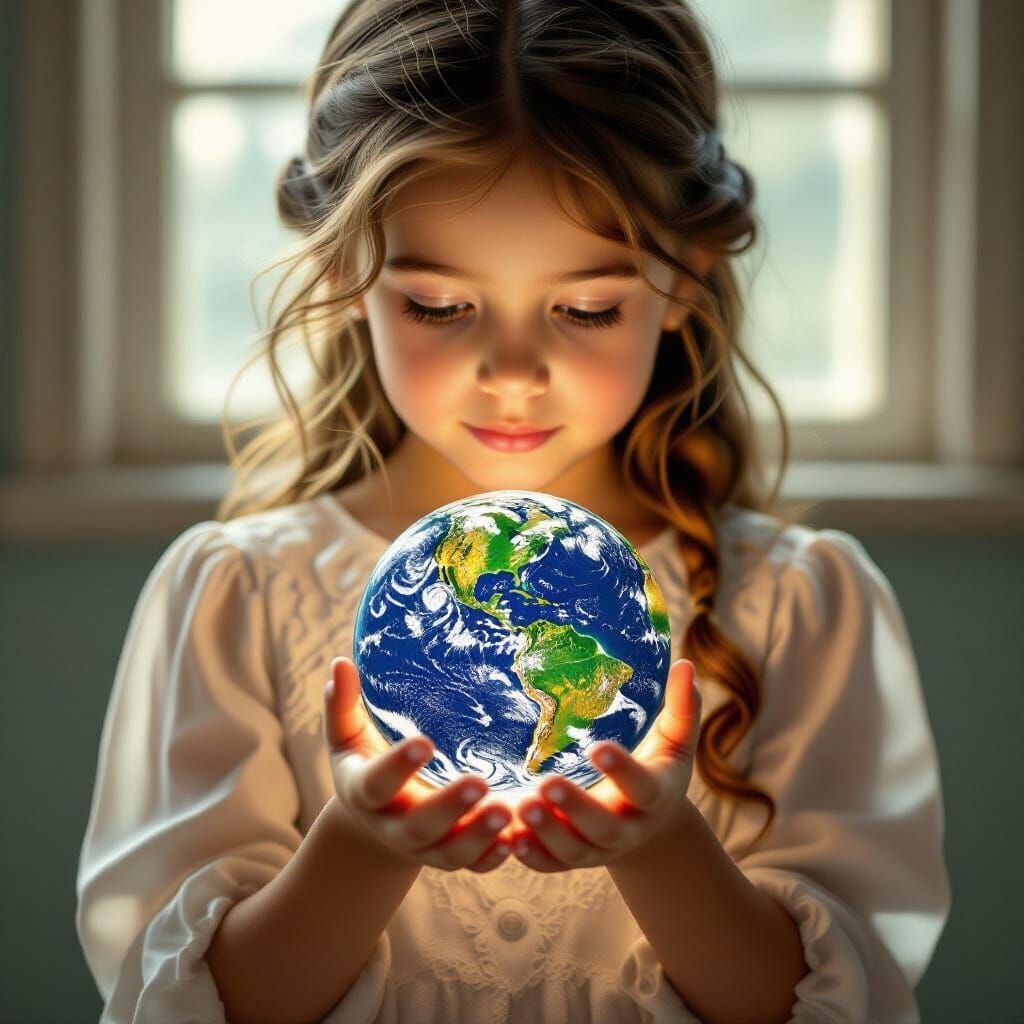 Girl Holds Earth Globe in Delicate Digital Painting