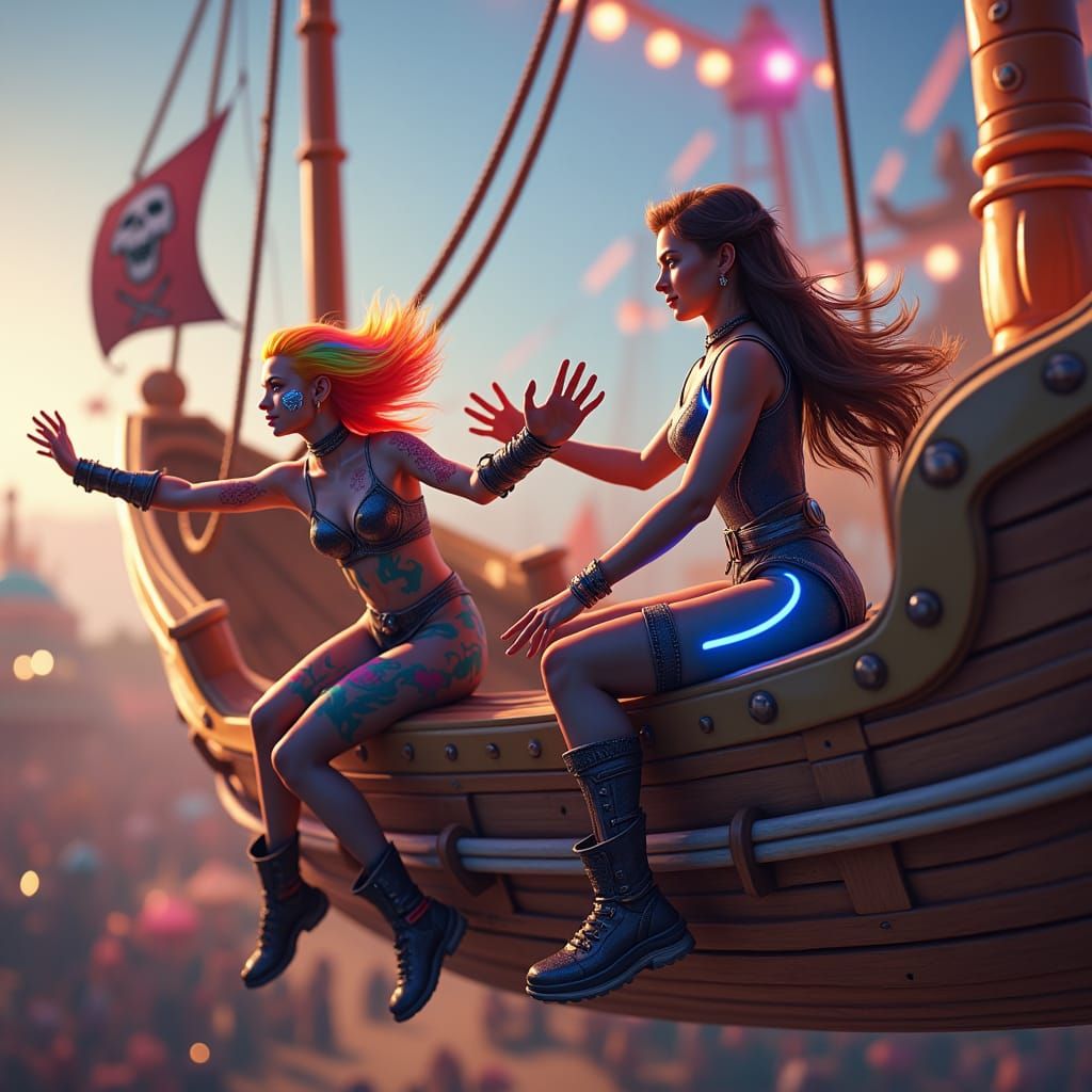 Futuristic Women on Pirate Ship Ride