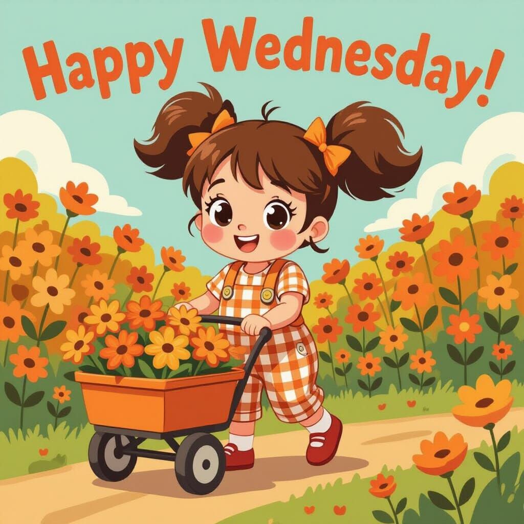 Cartoon Girl with Flowers, Playful Art Style