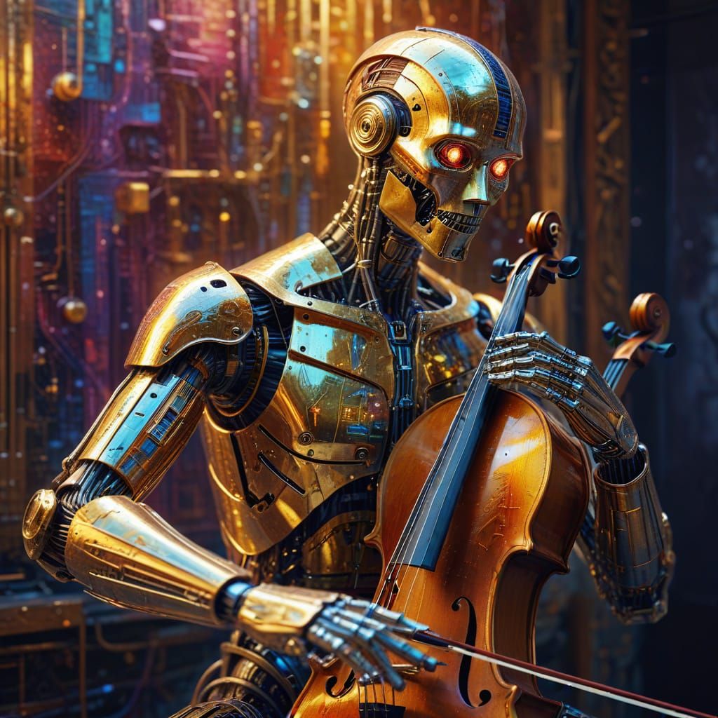 Ancient Robot Cello Player in Surreal Oil Painting