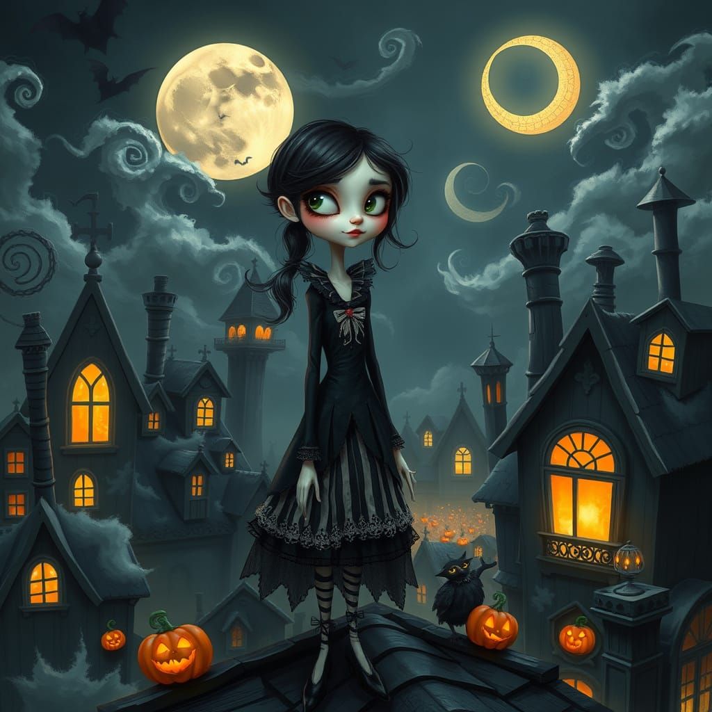Tim Burton-Inspired Halloween Character on Rooftop