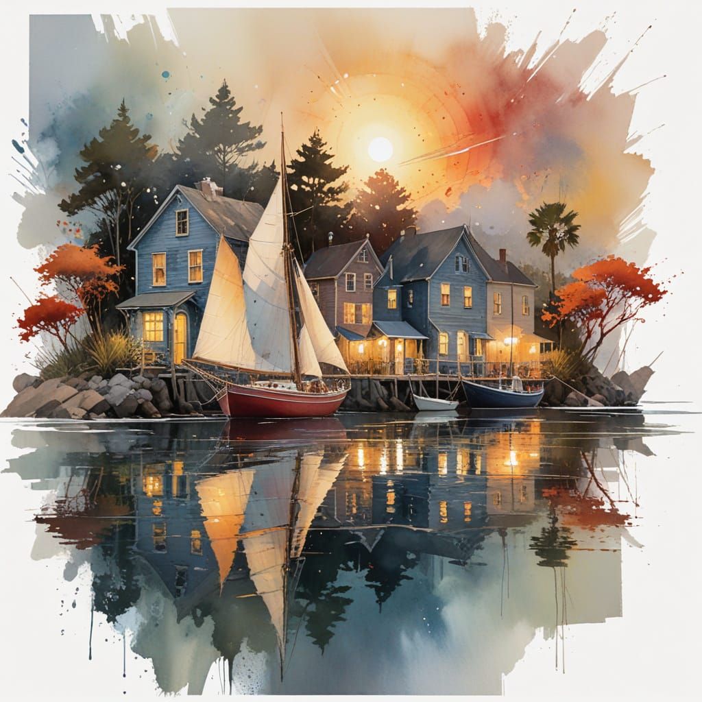 Surreal Sunset Landscape with Sailboat and Coastal Buildings...