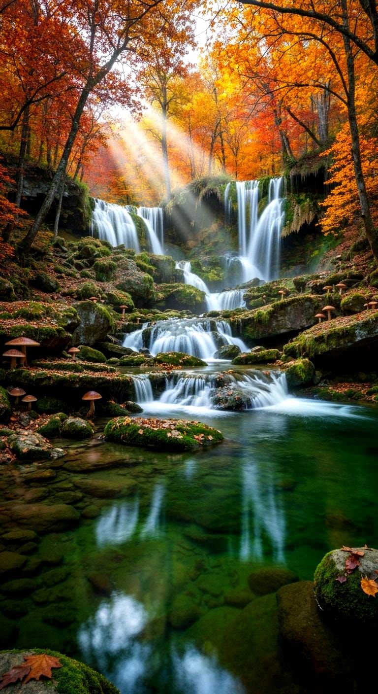 Multi-Layered Waterfall in Secluded Autumn Forest