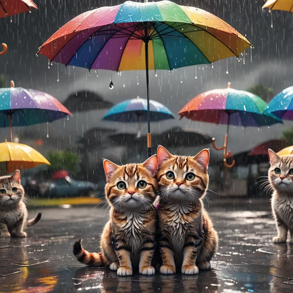 Sad Cat with Family Under Umbrella: Pixar Style