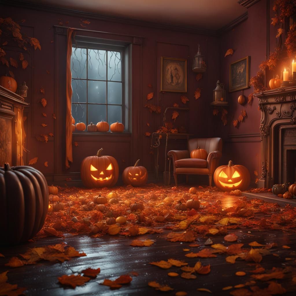 Cozy Autumn Room on Halloween Rainy Day