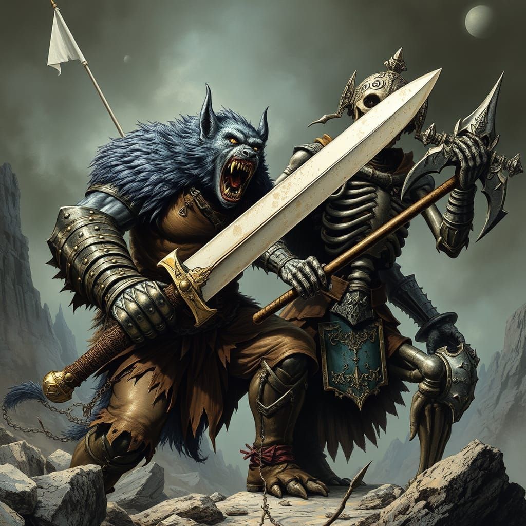 Medieval Monster Clash in Dark Fantasy Style