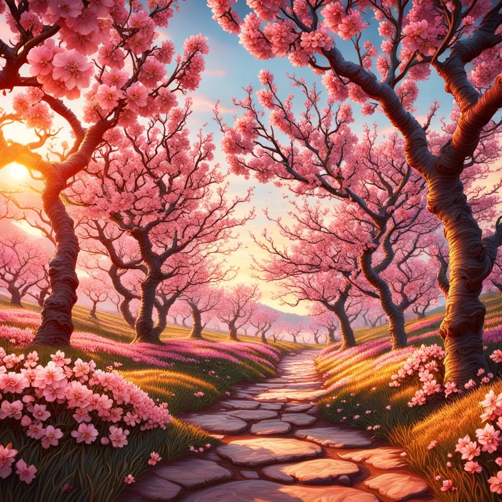Cherry Blossom Orchard at Sunset: Fantasy Concept Art