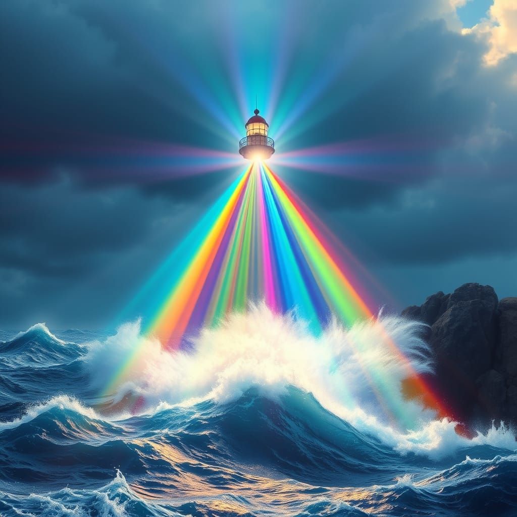 Hyperrealistic Lighthouse Illuminates Sea with Rainbow Prism