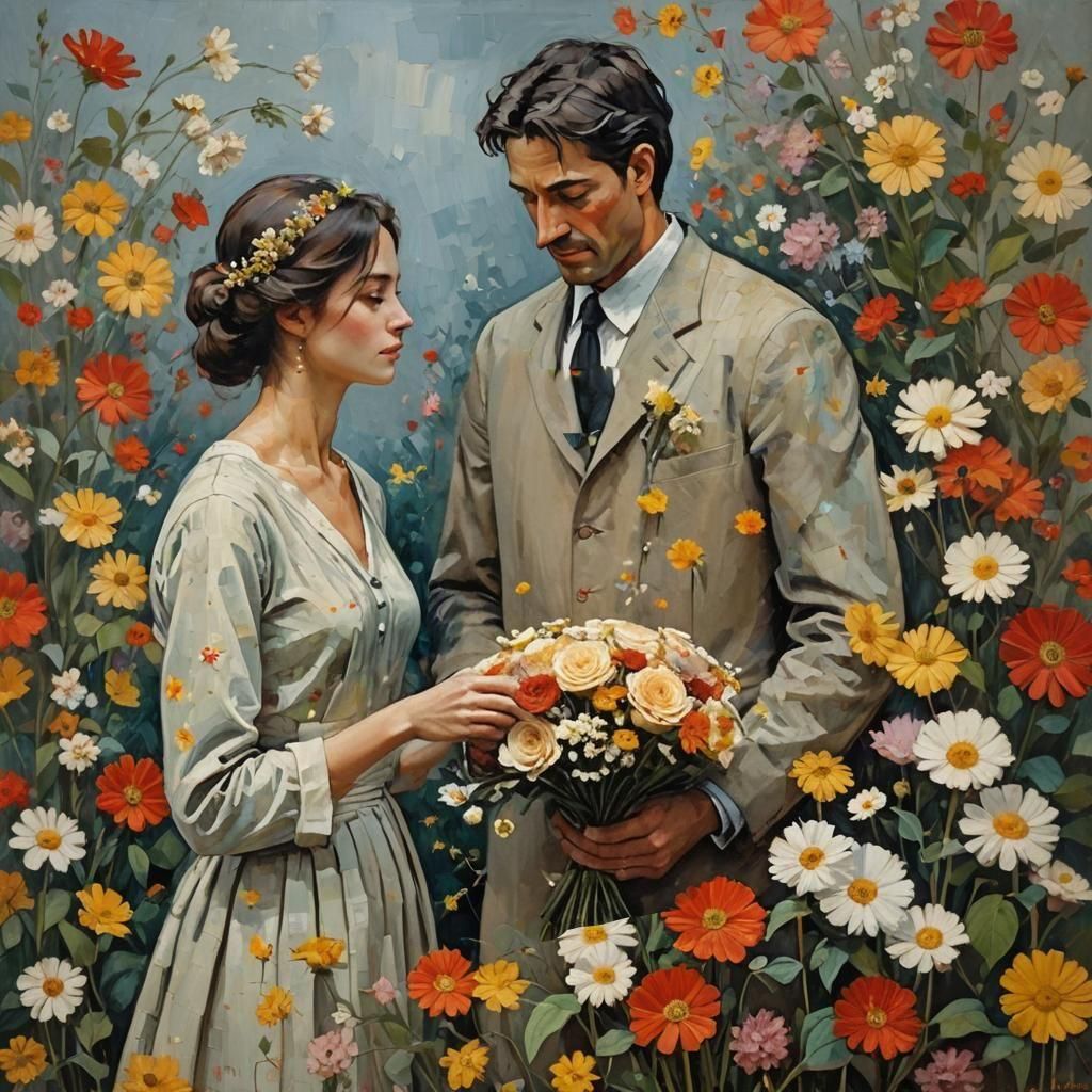 Man Offers Flowers: Impressionistic Oil Painting
